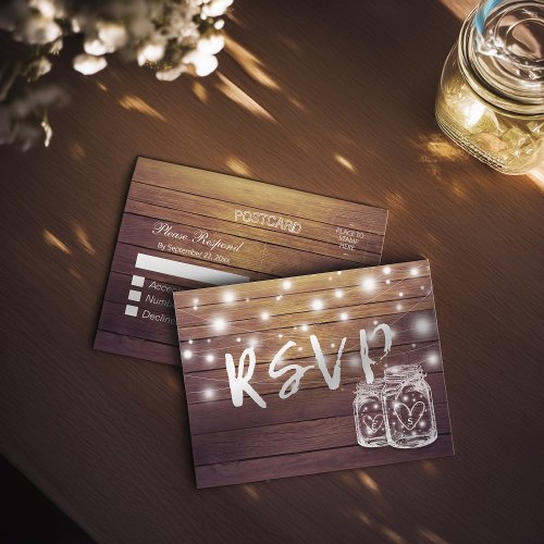 Rustic Wood  Mason Jar String Lights Wedding RSVP Invitation Postcard