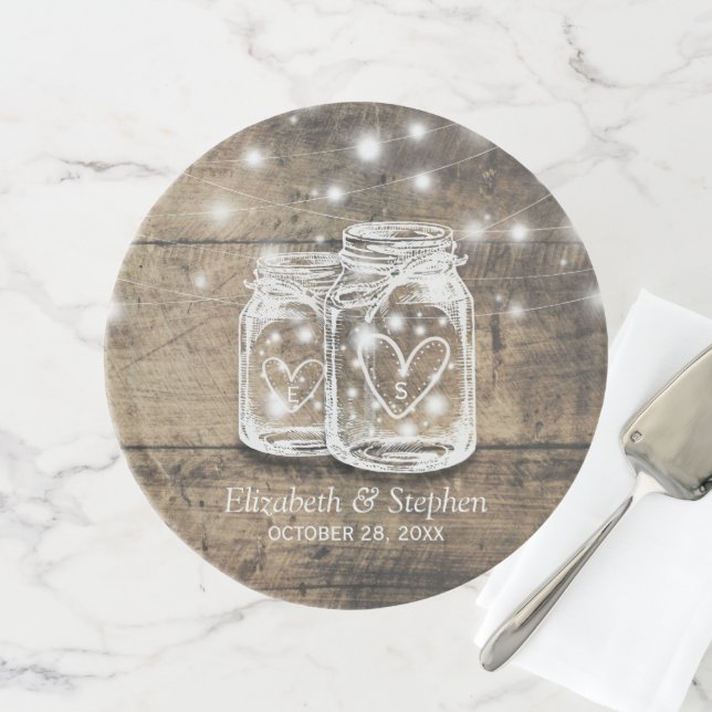 Rustic Wood Mason Jar String Lights Wedding Shower Cake Stand (Front)