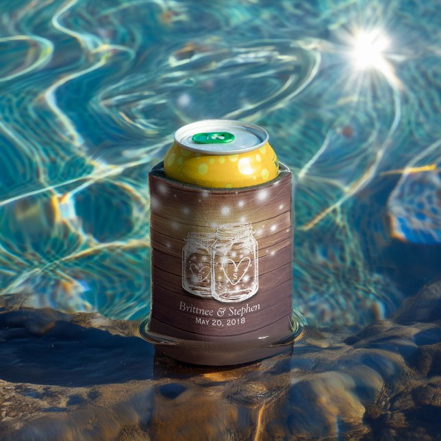 Rustic Wood Mason Jar String Lights Wedding Shower Can Cooler (Creator Uploaded)