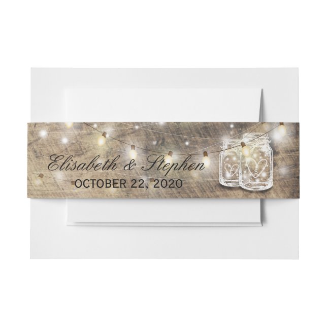 Rustic Wood Mason Jar String Lights Wedding Shower Invitation Belly Band (Front Example)