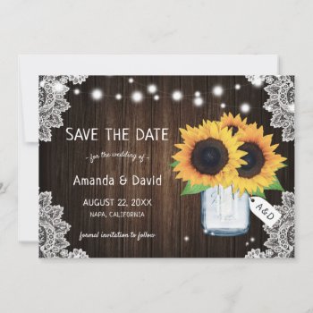 Rustic Wood Mason Jar Sunflower Save The Date Card by DanielCapPhotography at Zazzle