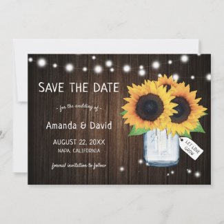 Rustic Wood Mason Jar Sunflower Save The Date Card