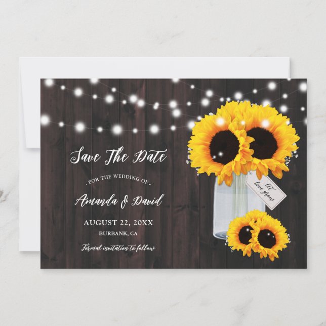 Rustic Wood Mason Jar Sunflower Save The Date Card (Front)