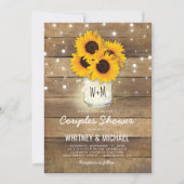 Rustic Wood Mason Jar Sunflowers Lights Wedding Invitation (Front)