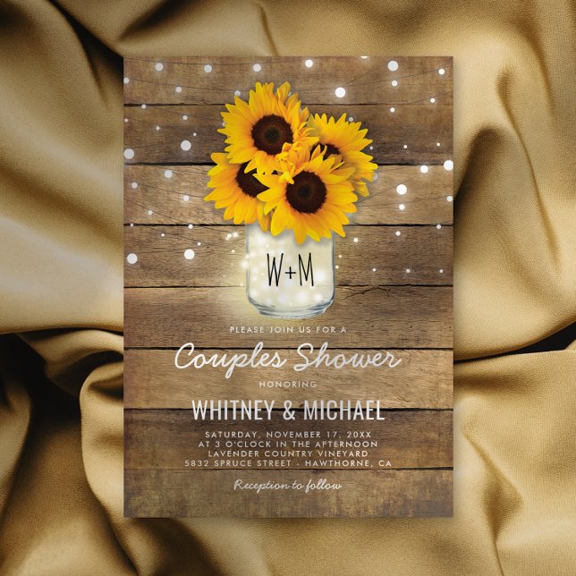 Rustic Wood Mason Jar Sunflowers Lights Wedding Invitation
