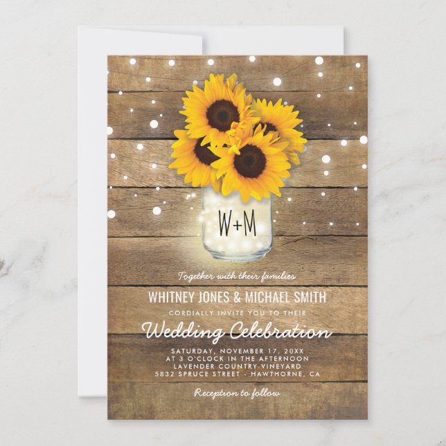 Rustic Wood Mason Jar Sunflowers Lights Wedding Invitation (Front)