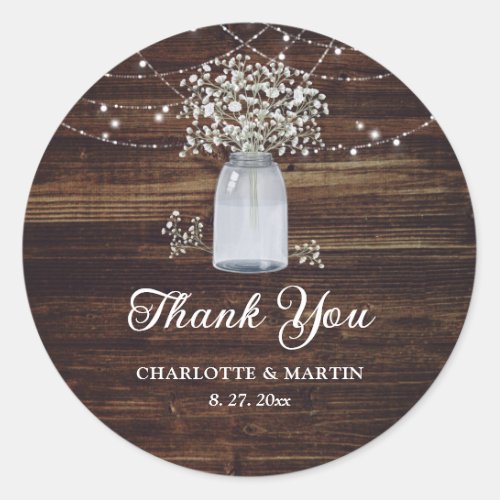 Rustic Wood Mason Jar Wedding Favor Thank You Classic Round Sticker