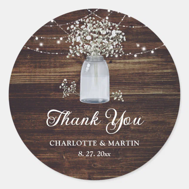 Rustic Wood Mason Jar Wedding Favor Thank You Classic Round Sticker ...