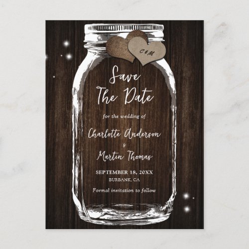 Rustic Wood Mason Jar Wedding Save The Date Announcement Postcard