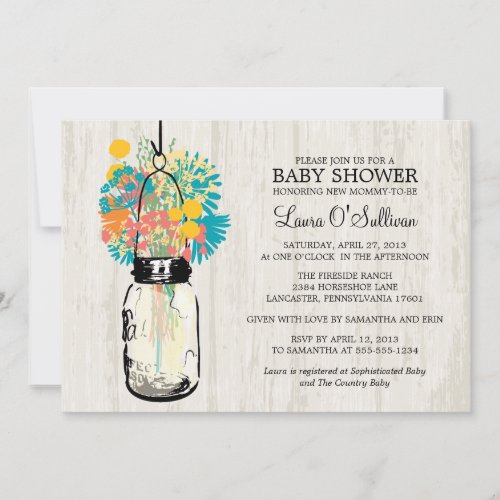 Rustic Wood Mason Jar Wildflowers Baby Shower Cards