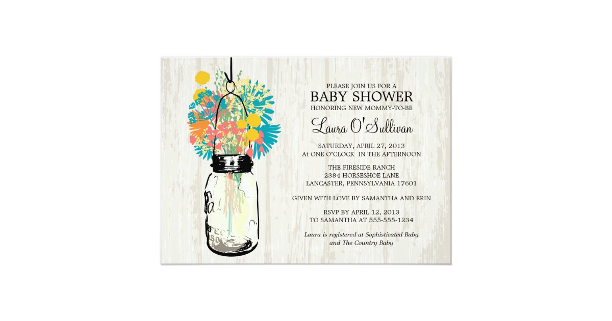 rustic wood mason jar wildflowers baby shower invitation