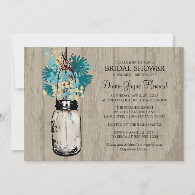 Rustic Wood Mason Jar  Wildflowers Bridal Shower Invitation (Front)