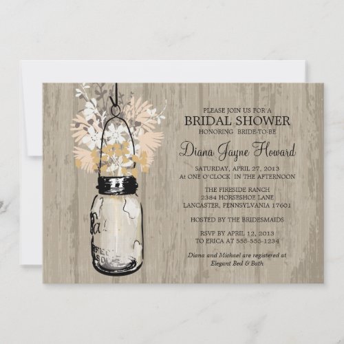 Rustic Wood Mason Jar  Wildflowers Bridal Shower Personalized Invitations