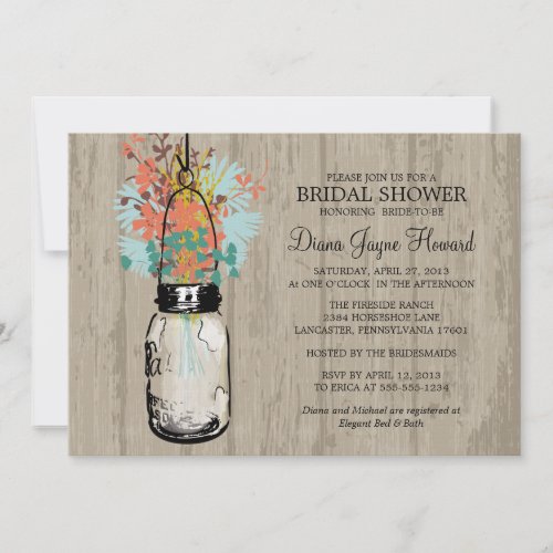 Rustic Wood Mason Jar  Wildflowers Bridal Shower Invitations