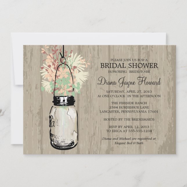 Rustic Wood Mason Jar  Wildflowers Bridal Shower Invitation (Front)