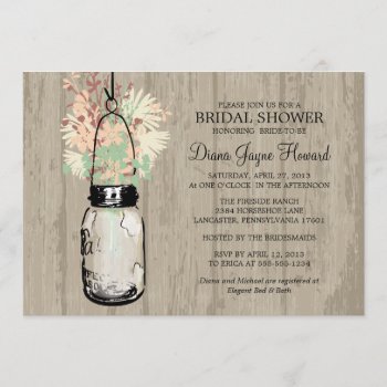 Rustic Wood Mason Jar  Wildflowers Bridal Shower Invitation by labellarue at Zazzle