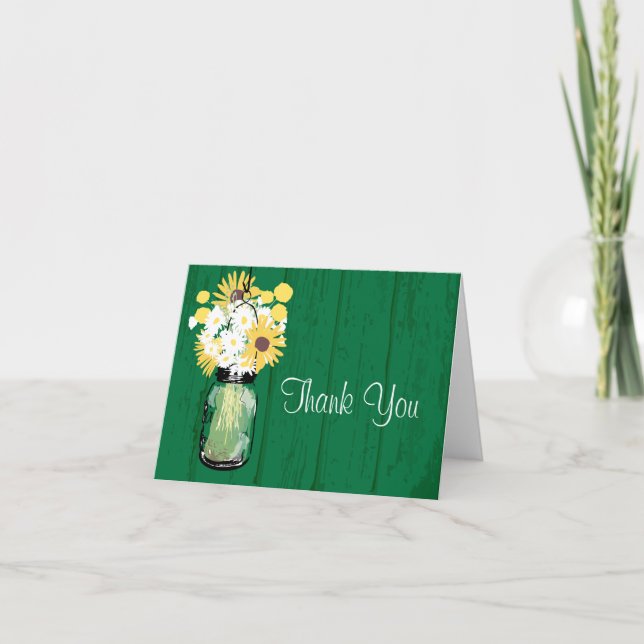 Rustic Wood Mason Jar Wildflowers Thank You Card (Front)