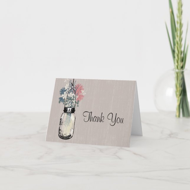 Rustic Wood Mason Jar Wildflowers Thank You Card (Front)