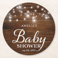 Rustic Wood Mason Jars and Lights Baby Shower Round Paper Coaster