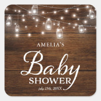 Rustic Wood Mason Jars and Lights Baby Shower Square Sticker