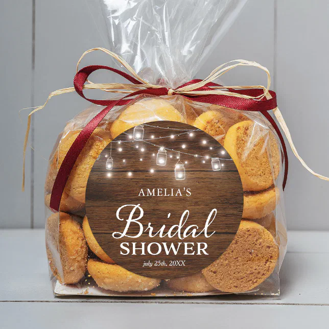 Rustic Wood Mason Jars and Lights Bridal Shower Classic Round Sticker ...
