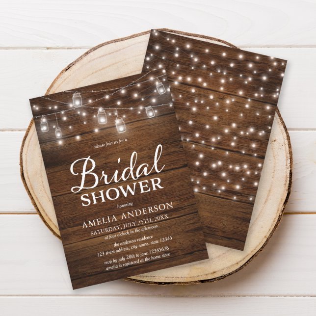 Rustic Wood Mason Jars and Lights Bridal Shower Invitation