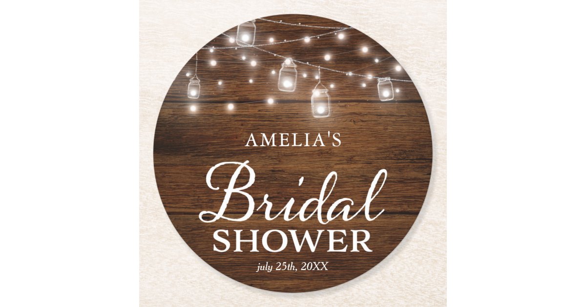 Rustic Wood Mason Jars and Lights Bridal Shower Round Paper Coaster ...