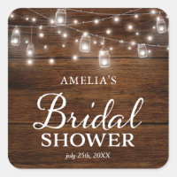 Rustic Wood Mason Jars and Lights Bridal Shower Square Sticker