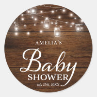 Rustic Wood Mason Jars Lights Baby Shower Classic Round Sticker