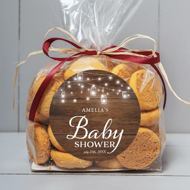 Rustic Wood Mason Jars Lights Baby Shower Classic Round Sticker (Creator Uploaded)