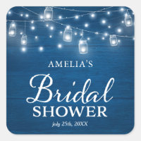 Rustic Wood Mason Jars Lights Blue Bridal Shower Square Sticker