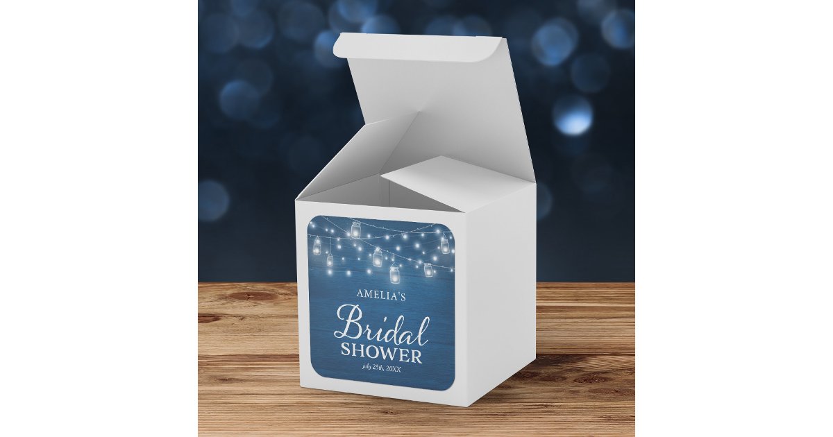 Rustic Wood Mason Jars Lights Blue Bridal Shower Square Sticker | Zazzle