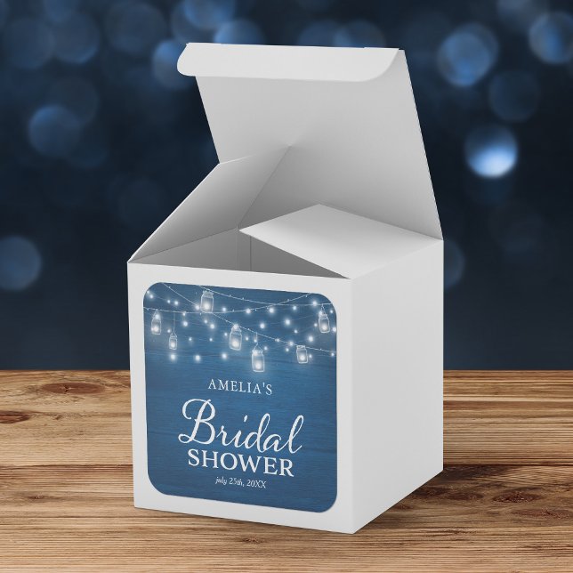 Rustic Wood Mason Jars Lights Blue Bridal Shower Square Sticker (Creator Uploaded)