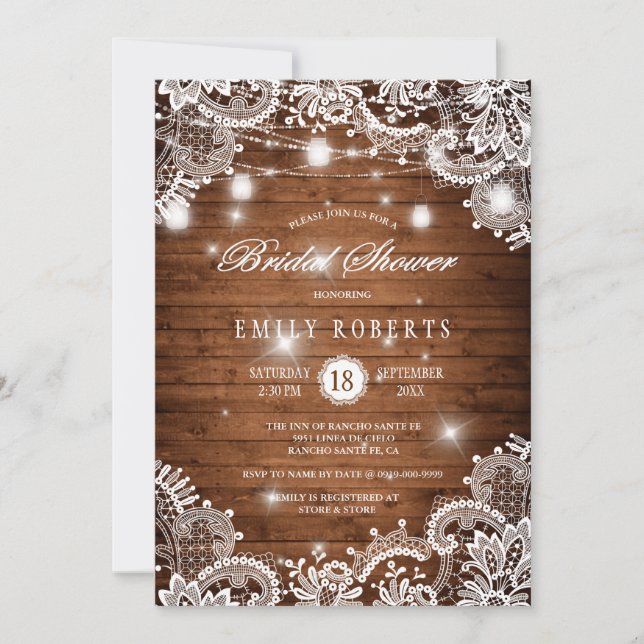 Rustic Wood Mason Jars Lights Lace Bridal Shower Invitation (Front)