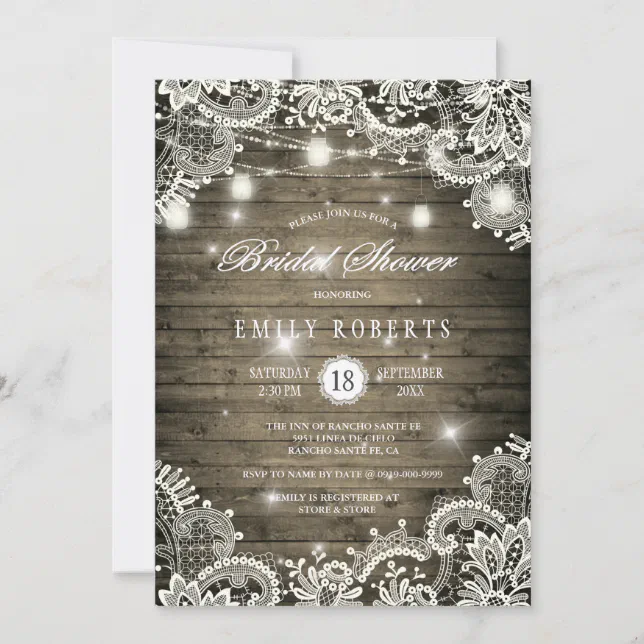 Rustic Wood Mason Jars Lights Lace Bridal Shower Invitation | Zazzle