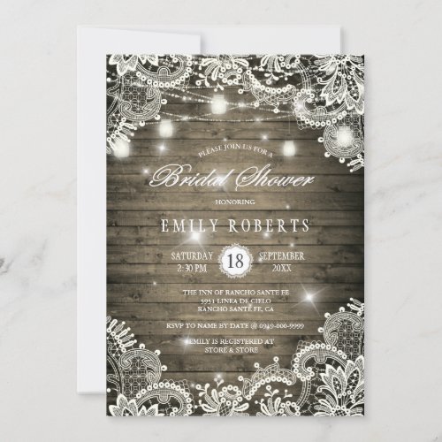 Rustic Wood Mason Jars Lights Lace Bridal Shower Invitation