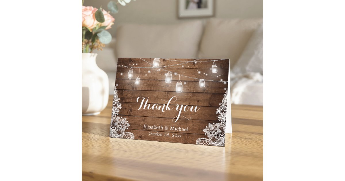 Rustic Wood Mason Jars Lights Lace Thank You Card | Zazzle
