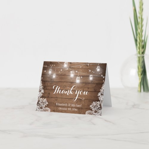 Rustic Wood Mason Jars Lights Lace Thank You Card