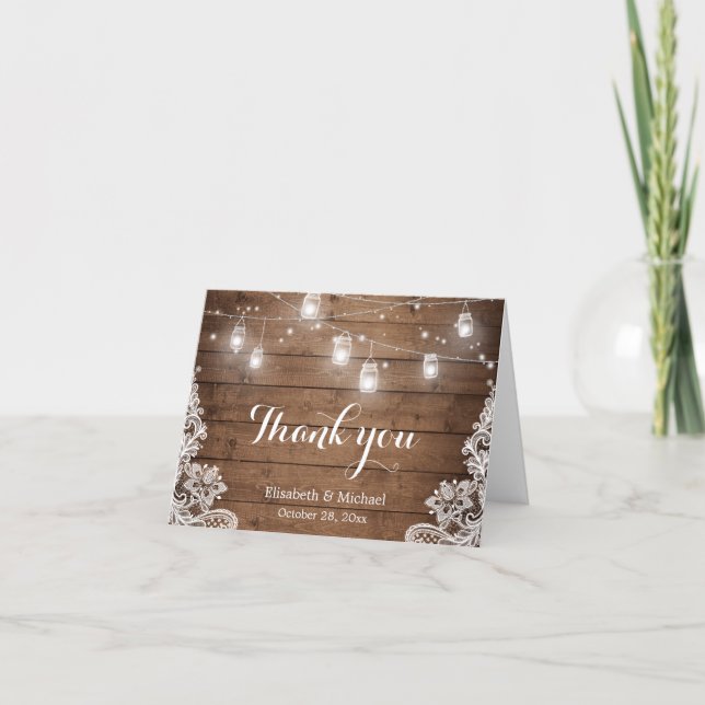 Rustic Wood Mason Jars Lights Lace Thank You Card (Front)