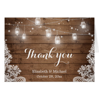 Rustic Wood Mason Jars Lights Lace Thank You Card