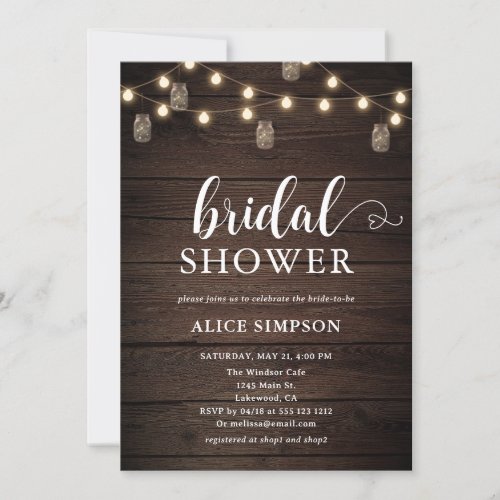 Rustic Wood Mason Jars Script Heart Bridal Shower Invitation