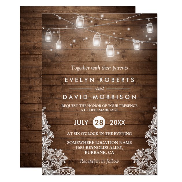 Rustic Wood Mason Jars String Lights Lace Wedding Invitation