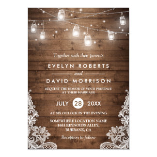 Rustic Wood Mason Jars String Lights Lace Wedding Card