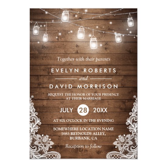 Rustic Wood Mason Jars String Lights Lace Wedding Card