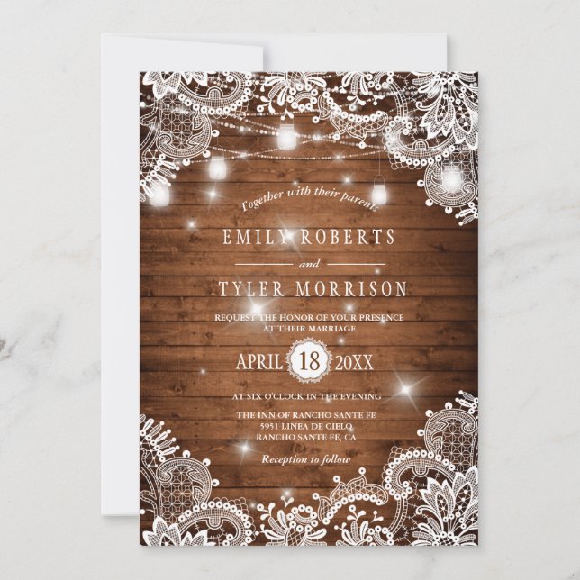 Rustic Wood Mason Jars String Lights Lace Wedding Invitation (Front)