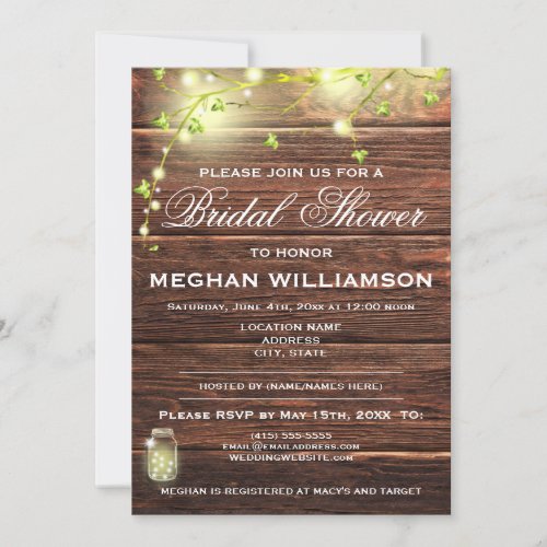 Rustic Wood Mason Lights Bridal Shower Invitation