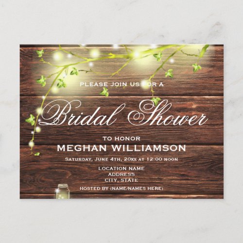Rustic Wood Mason Lights Bridal Shower Invitation Postcard