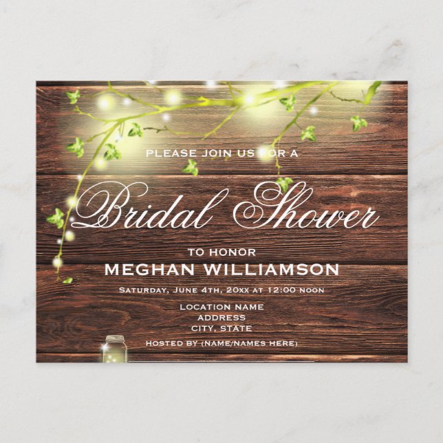 Rustic Wood Mason Lights Bridal Shower Invitation Postcard (Front)