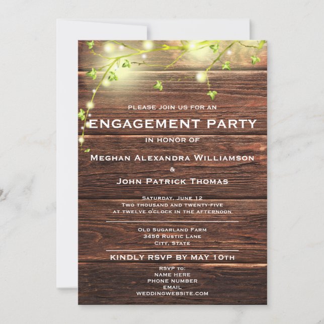 Rustic Wood Mason String Lights Engagement Party Invitation (Front)