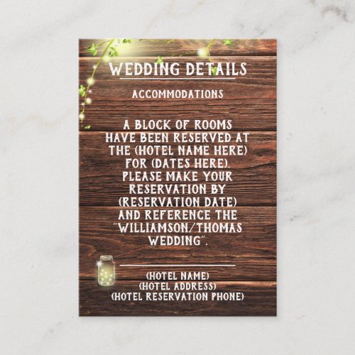 Rustic Wood Mason String Lights Wedding Details Enclosure Card